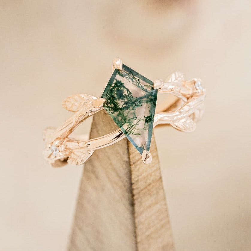 "ARTEMIS ON THE VINE" - KITE CUT MOSS AGATE ENGAGEMENT RING WITH DIAMOND ACCENTS - EXPEDITED-1