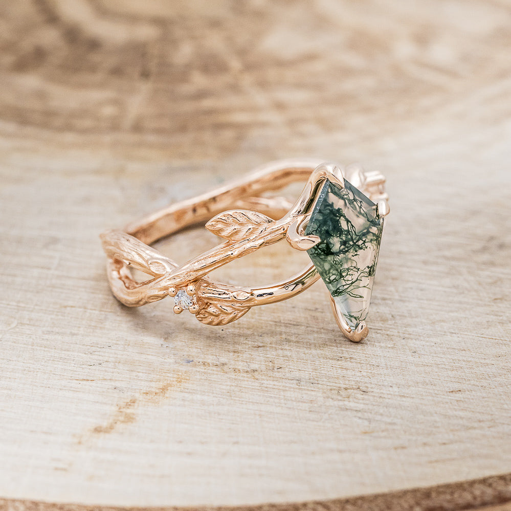 "ARTEMIS ON THE VINE" - KITE CUT MOSS AGATE ENGAGEMENT RING WITH DIAMOND ACCENTS - EXPEDITED-2